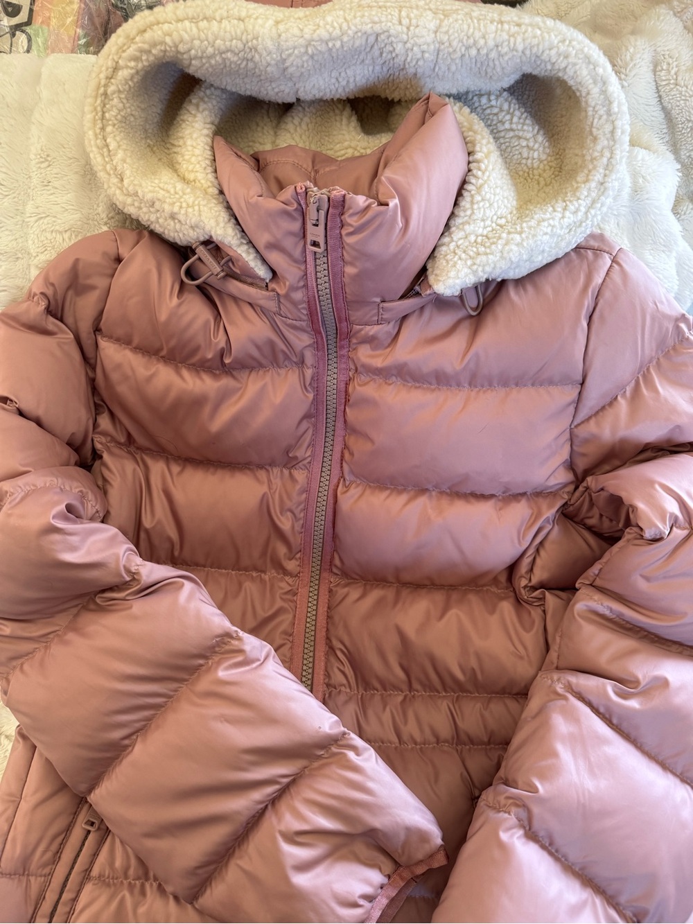 Coach Kids Dusty Pink Puffer Coat with Sherpa Hood